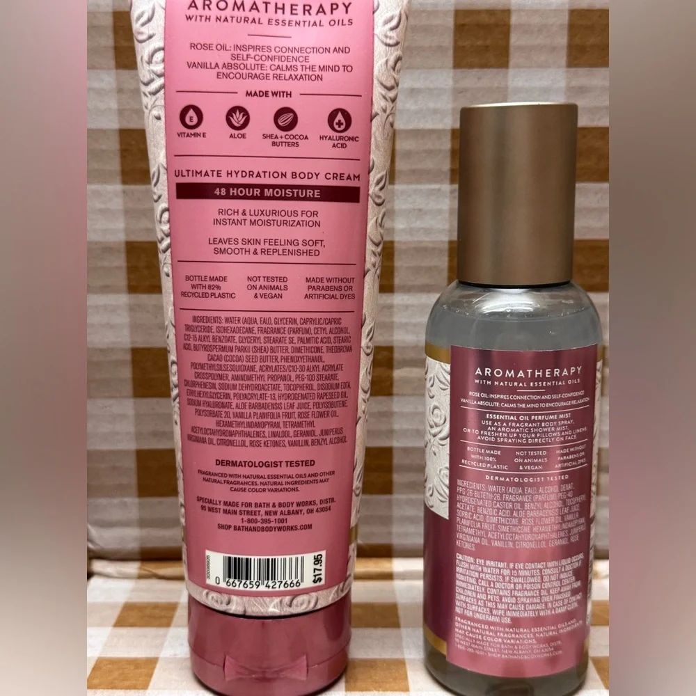 NEW B&BW Rose and Vanilla Inspire Love Essential Oil Mist and Body Cream Set